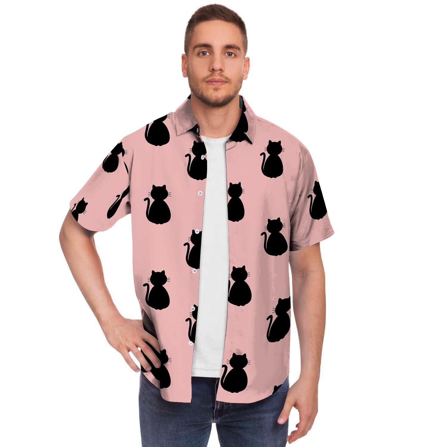 Pink Silhouette Cat Print Men's Short Sleeve Shirt-grizzshop
