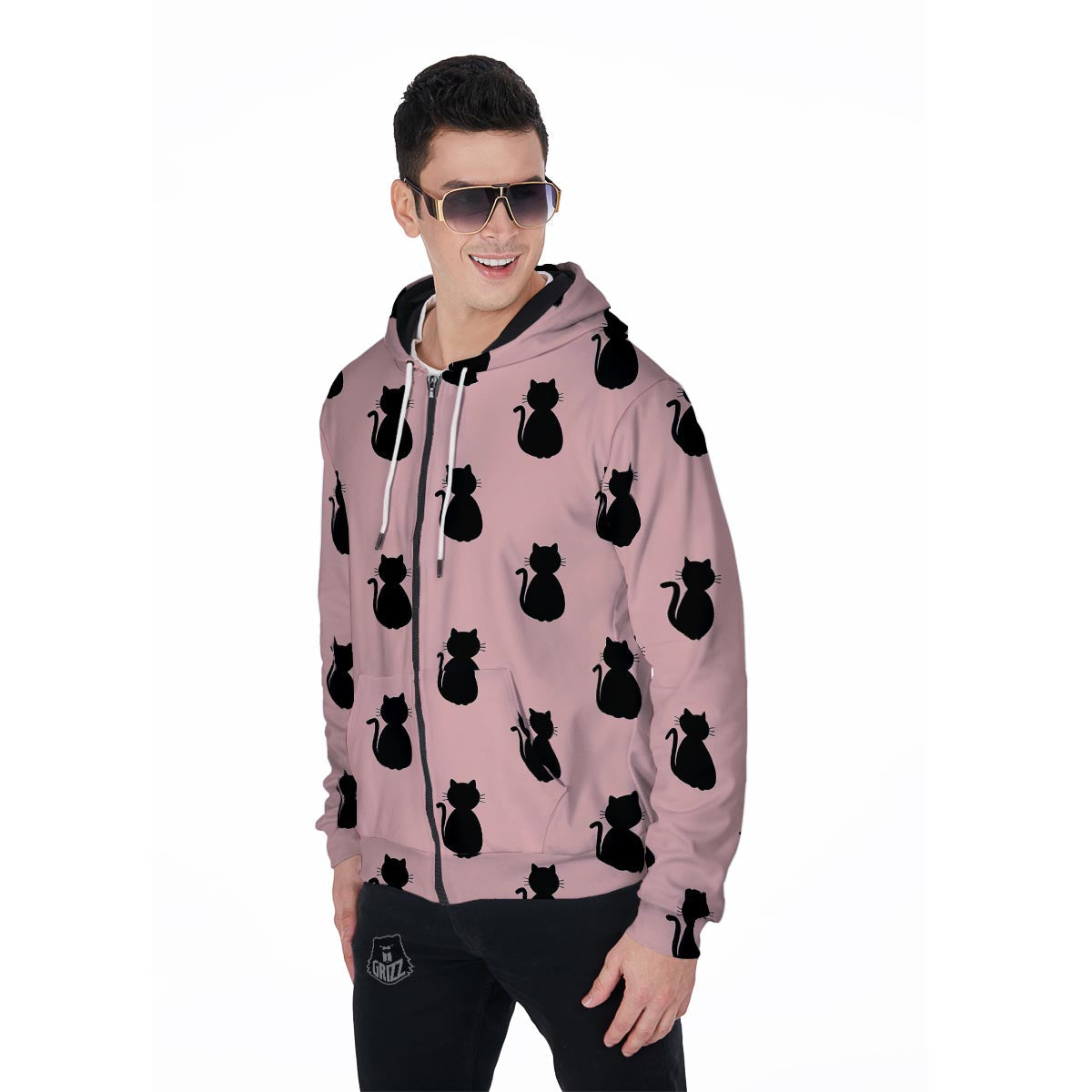 Pink Silhouette Cat Print Men's Zip Up Hoodie-grizzshop