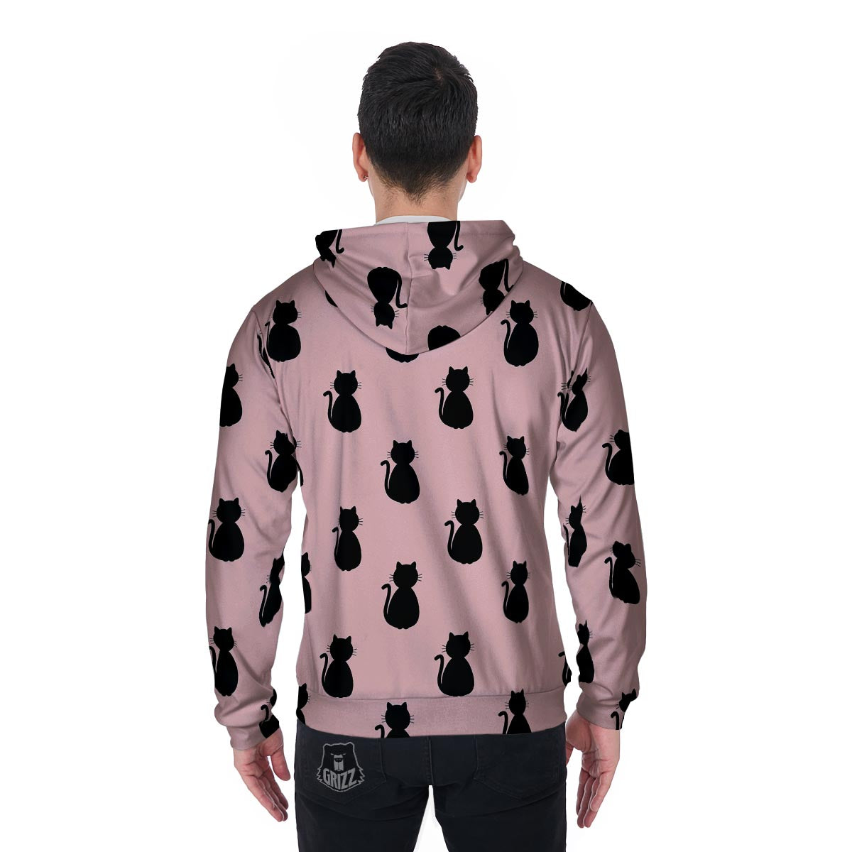 Pink Silhouette Cat Print Men's Zip Up Hoodie-grizzshop