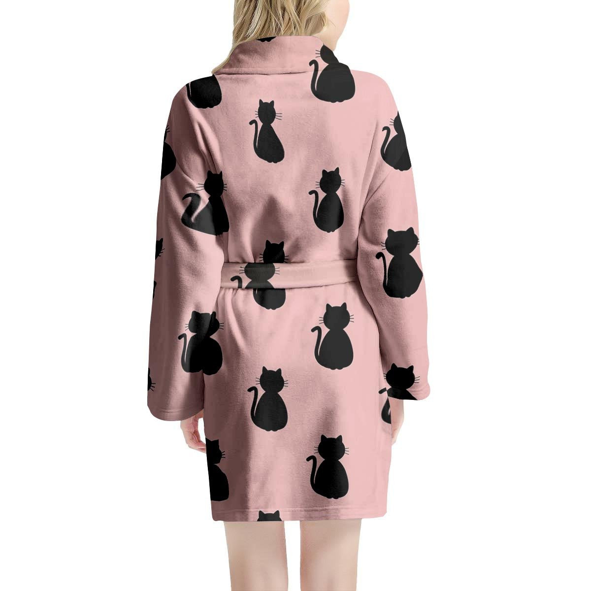 Pink Silhouette Cat Print Women's Robe-grizzshop