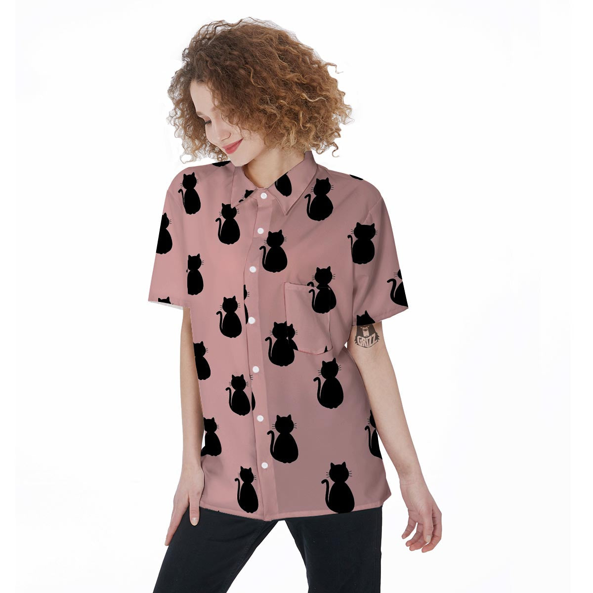 Pink Silhouette Cat Print Women's Short Sleeve Shirts-grizzshop