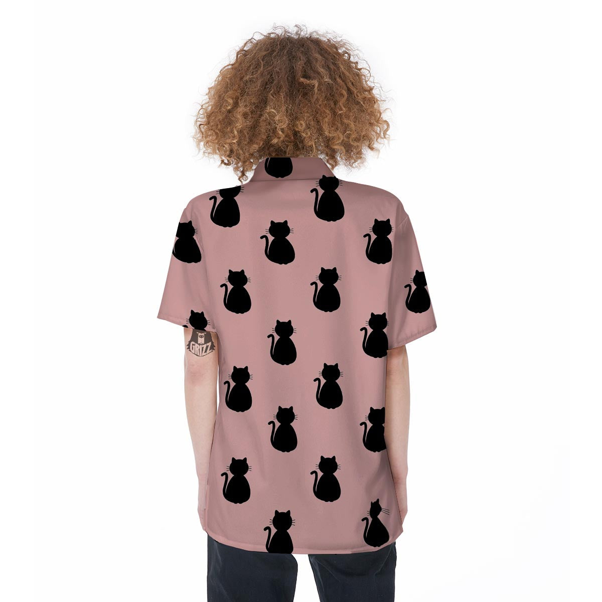 Pink Silhouette Cat Print Women's Short Sleeve Shirts-grizzshop