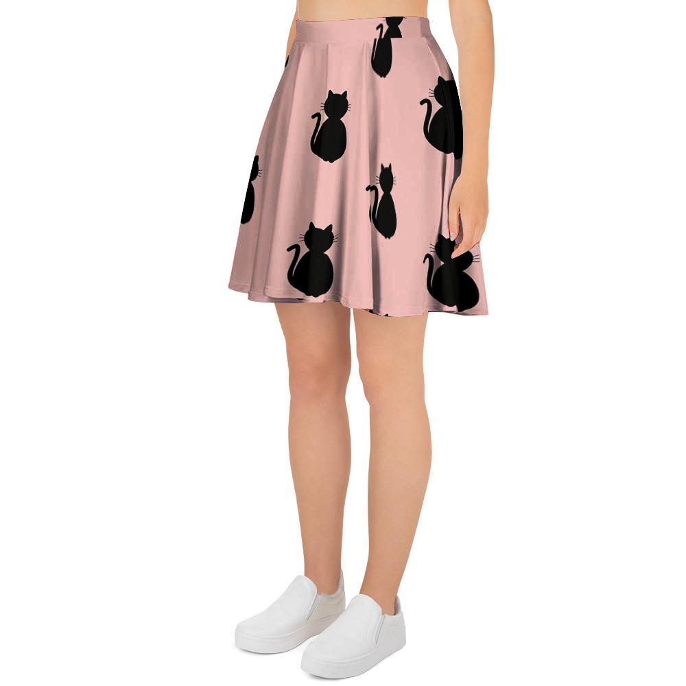 Pink Silhouette Cat Print Women's Skirt-grizzshop