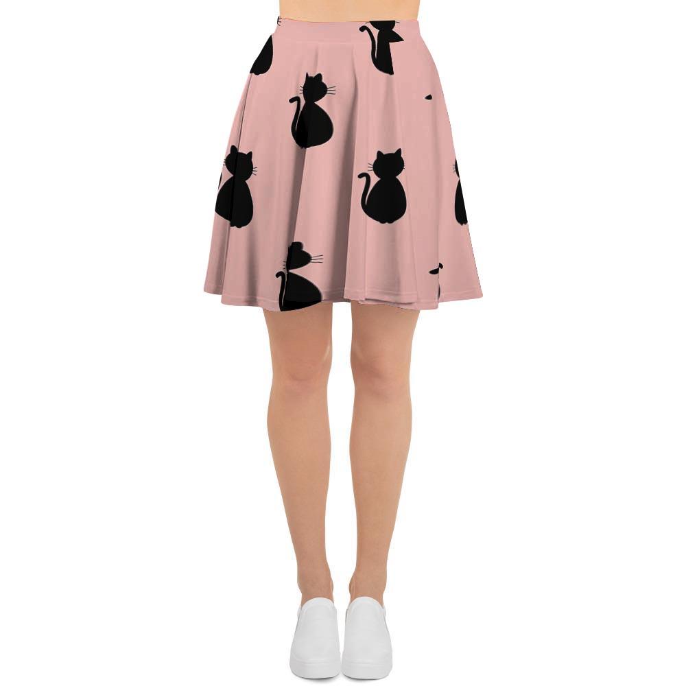 Pink Silhouette Cat Print Women's Skirt-grizzshop