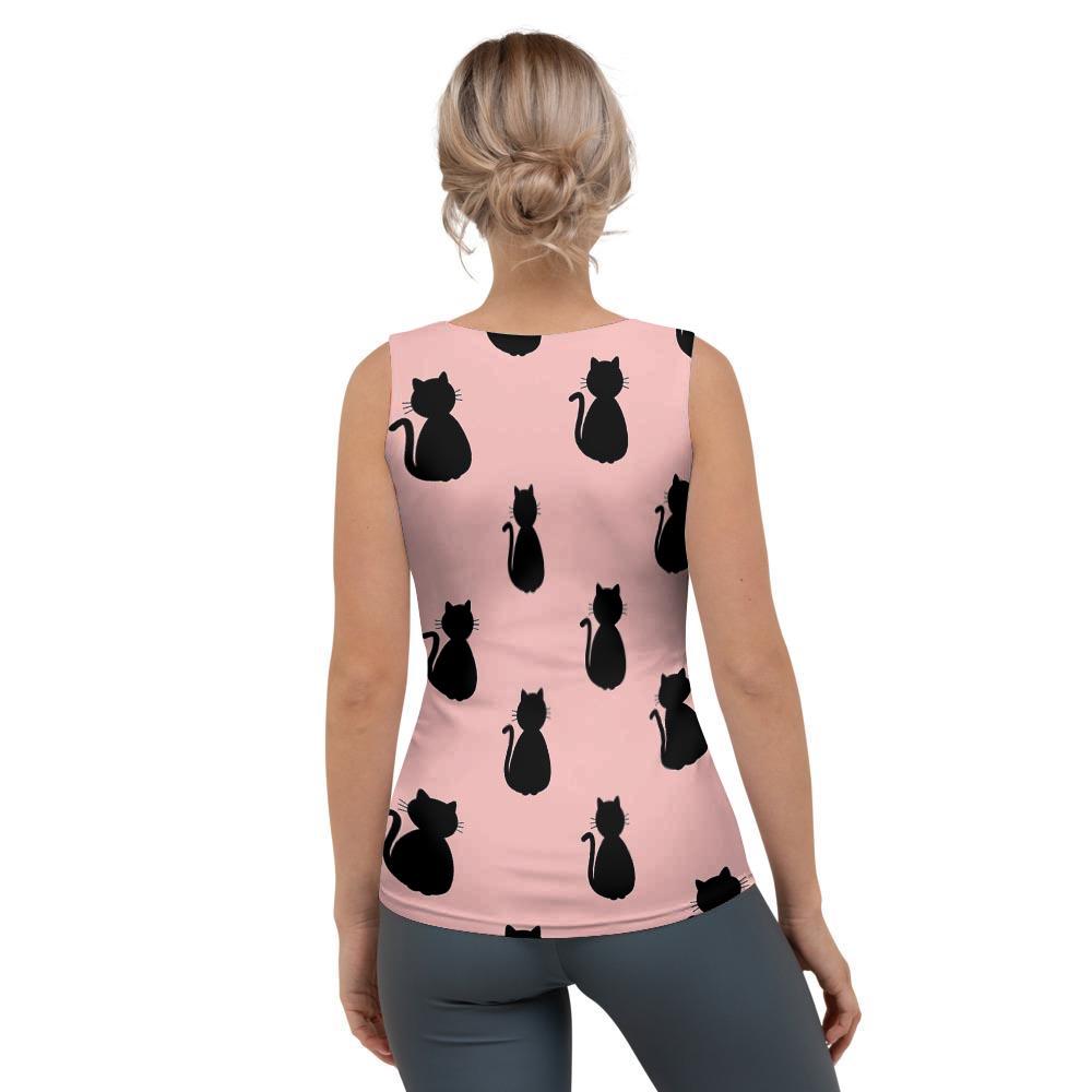 Pink Silhouette Cat Print Women's Tank Top-grizzshop