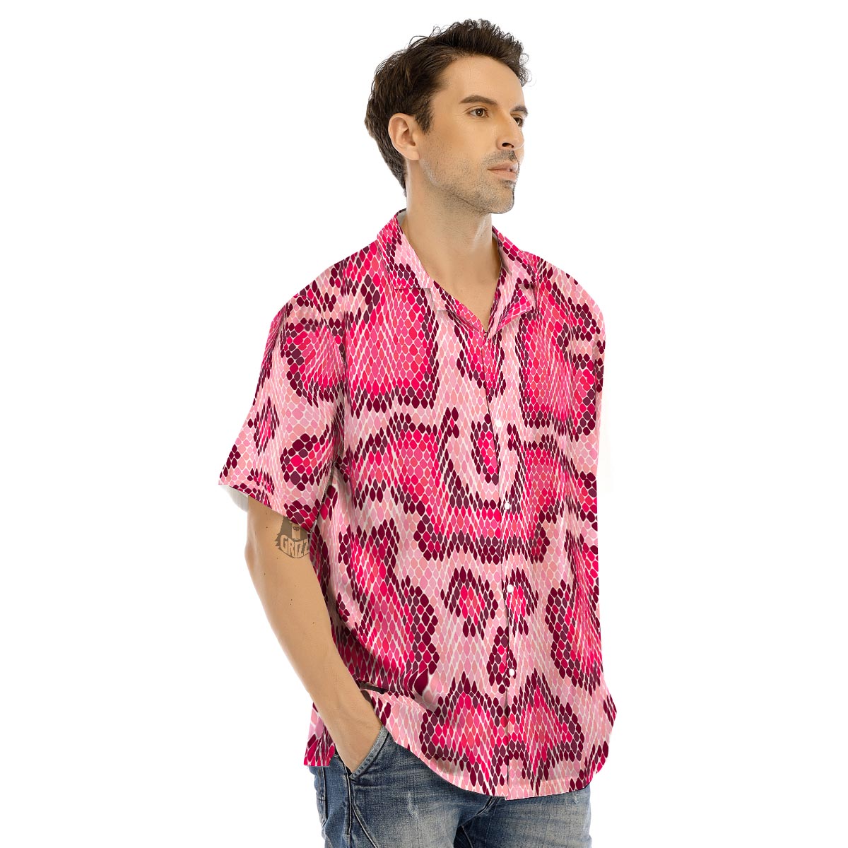 Pink Snakeskin Print Men’s Hawaiian Shirt-grizzshop