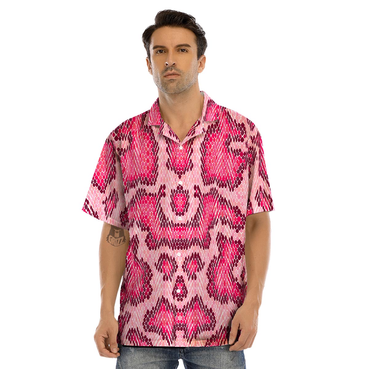 Pink Snakeskin Print Men’s Hawaiian Shirt-grizzshop