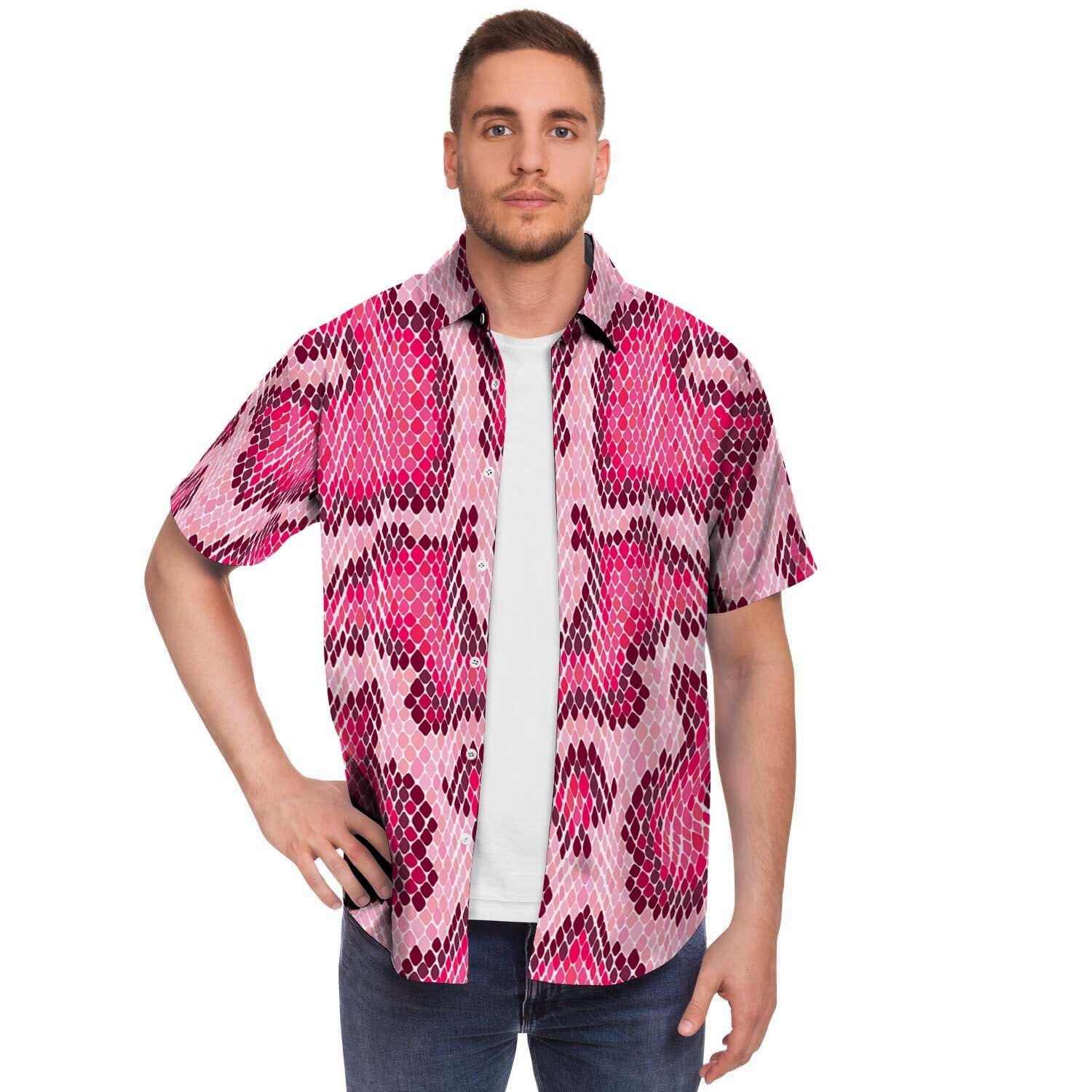 Pink Snakeskin Print Men's Short Sleeve Shirt-grizzshop
