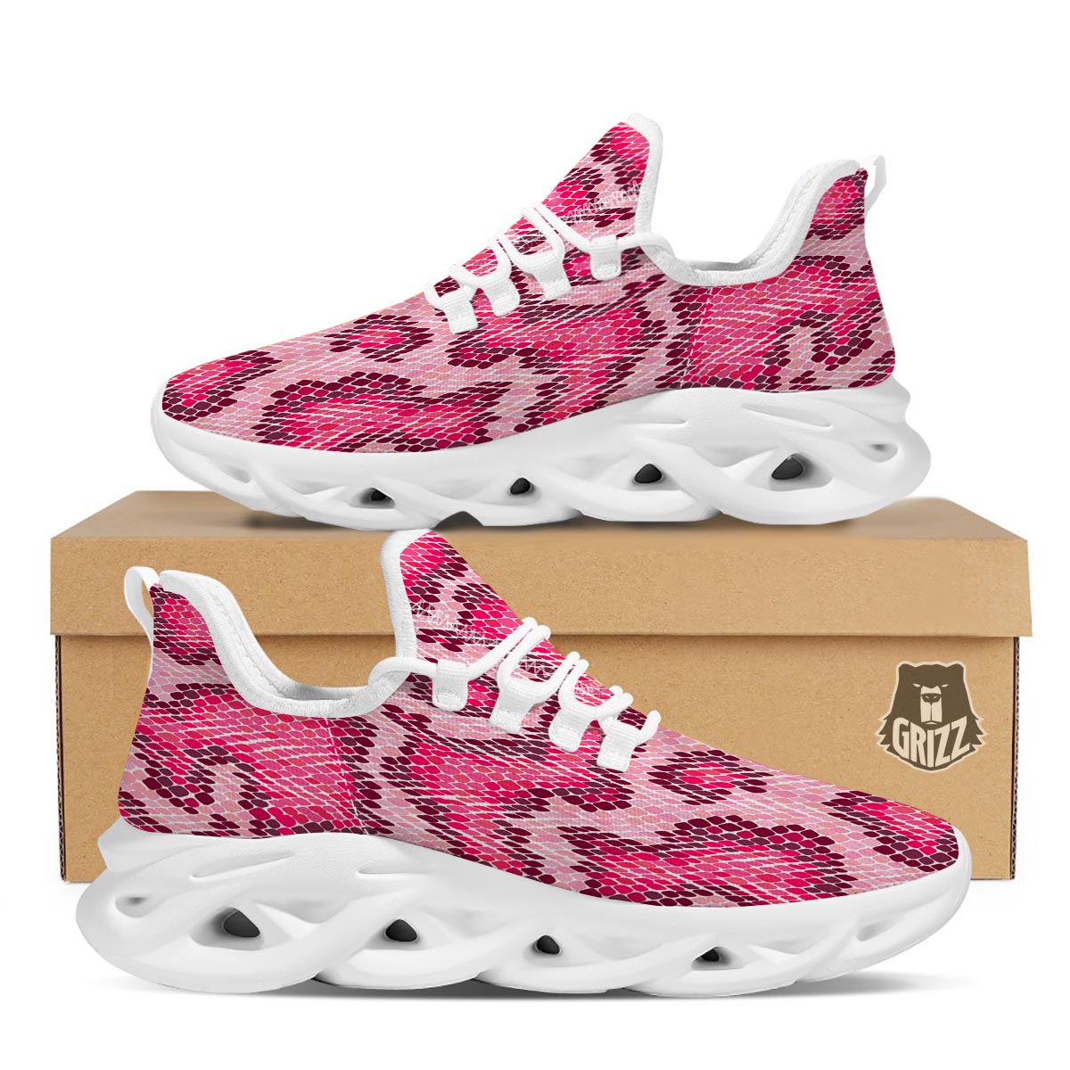 Pink Snakeskin Print White Running Shoes-grizzshop