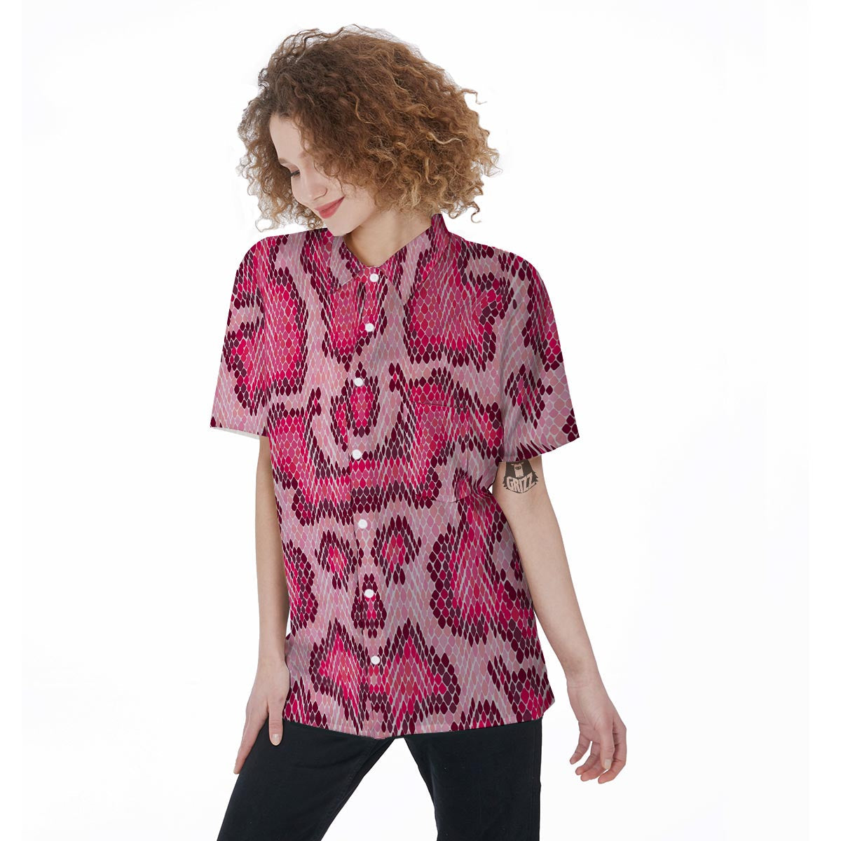 Pink Snakeskin Print Women's Short Sleeve Shirts-grizzshop