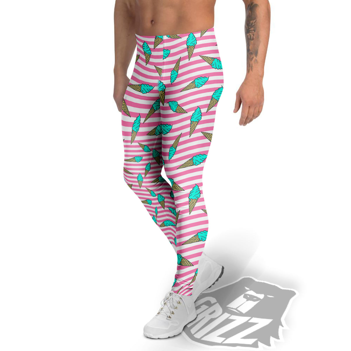 Pink Striped Ice Creams Print Pattern Men's Leggings-grizzshop