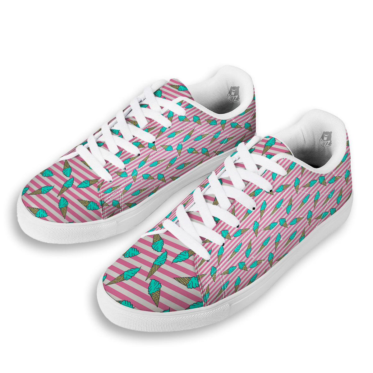 Pink Striped Ice Creams Print Pattern White Low Top Sneakers-grizzshop