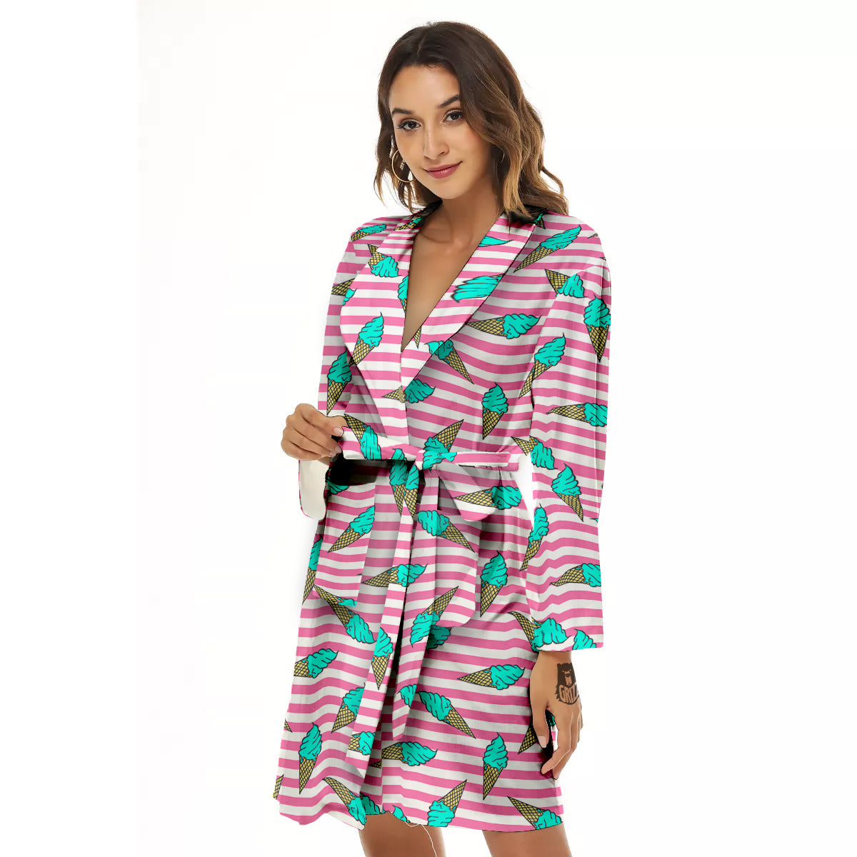 Pink Striped Ice Creams Print Pattern Women's Robe-grizzshop