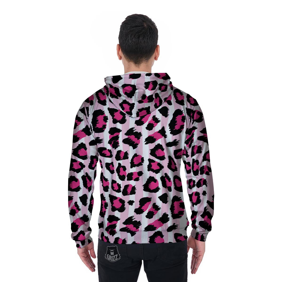 Pink Striped Leopard Men's Zip Up Hoodie-grizzshop