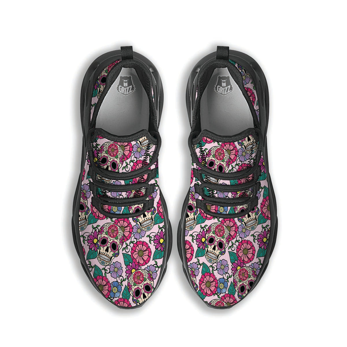 Pink Sugar Skull Floral Black Running Shoes-grizzshop