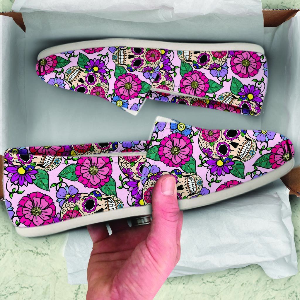 Pink Sugar Skull Floral Canvas Shoes-grizzshop