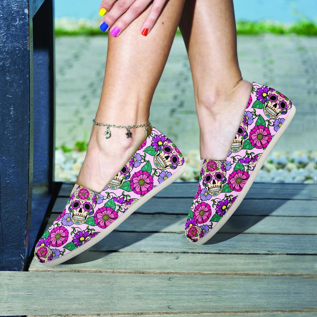 Pink Sugar Skull Floral Canvas Shoes-grizzshop