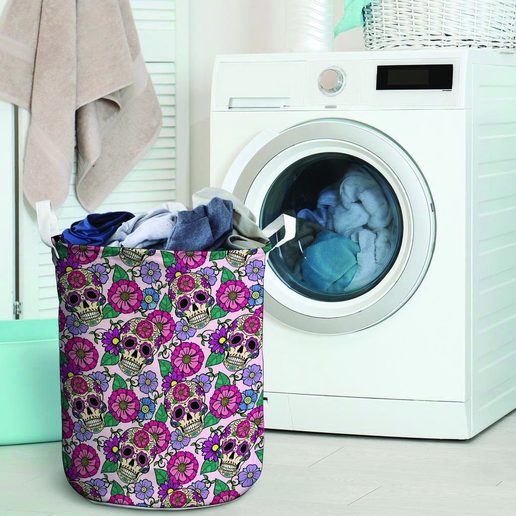 Pink Sugar Skull Floral Laundry Basket-grizzshop