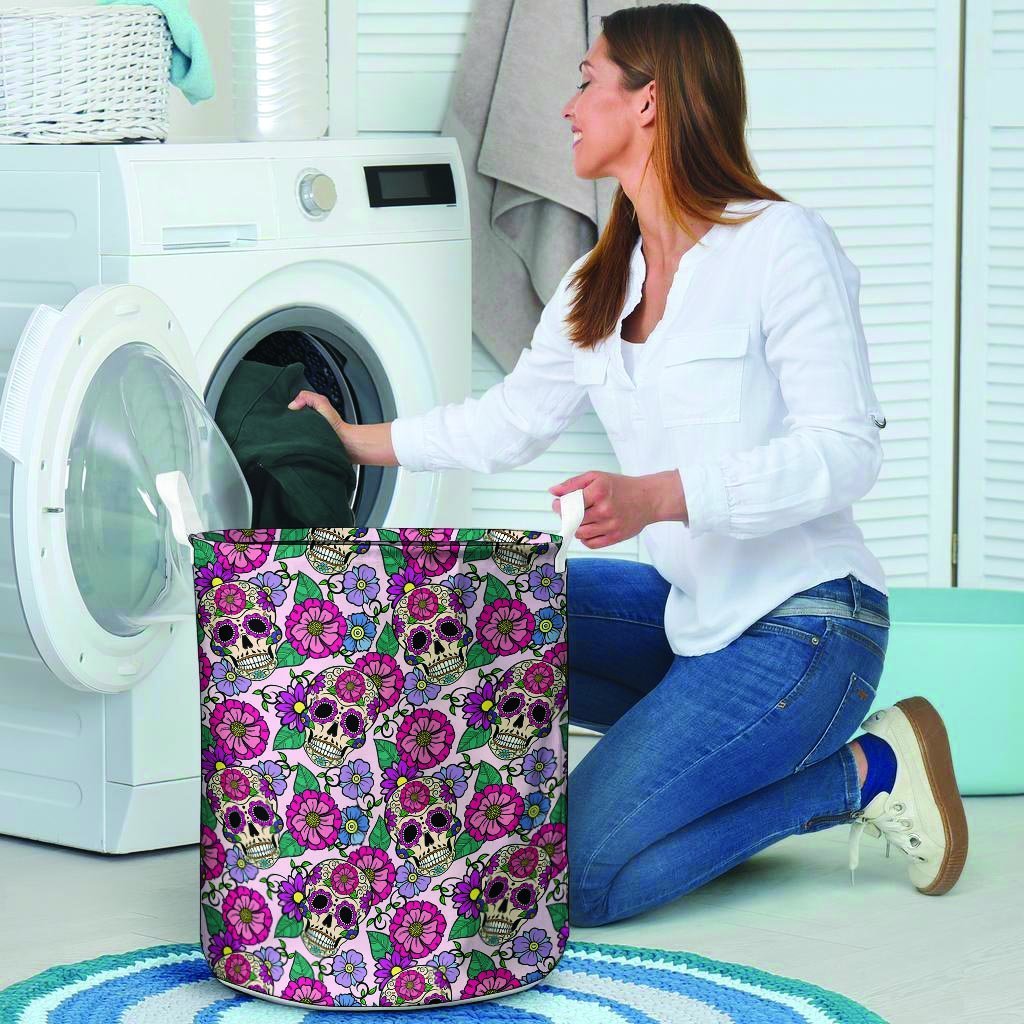 Pink Sugar Skull Floral Laundry Basket-grizzshop