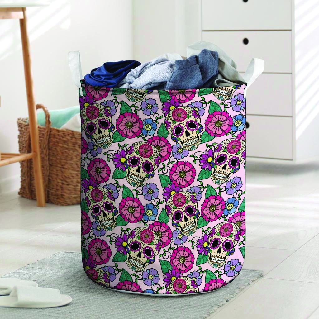 Pink Sugar Skull Floral Laundry Basket-grizzshop