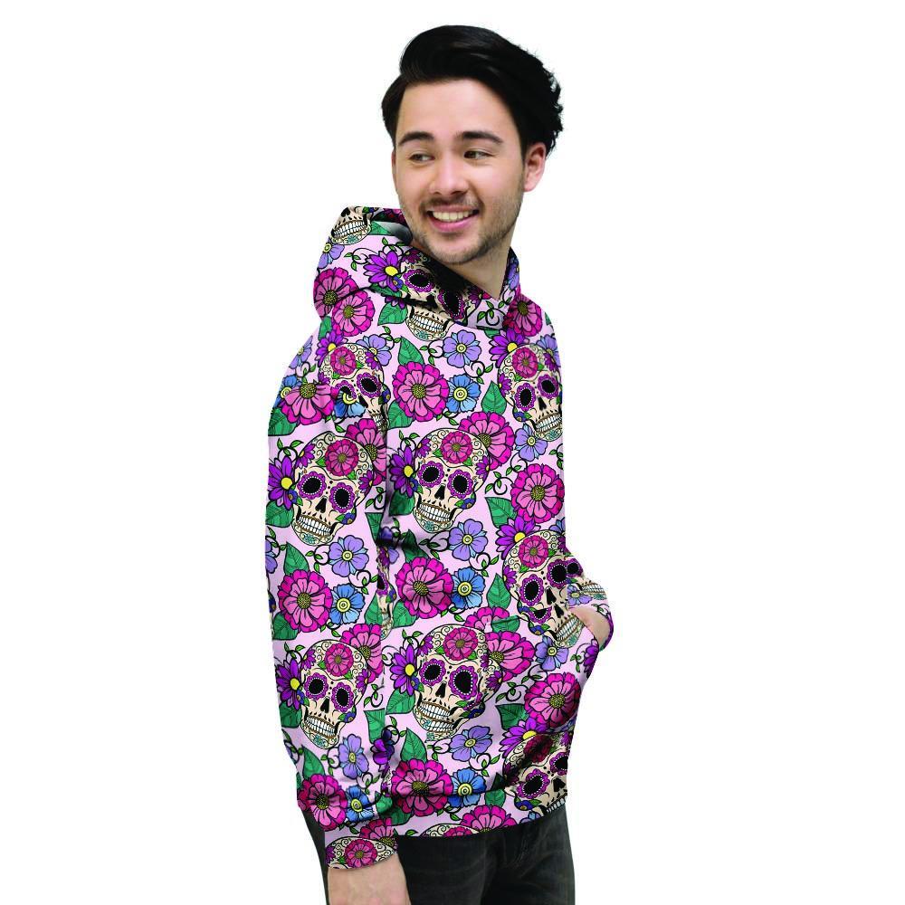 Pink Sugar Skull Floral Men's Hoodie-grizzshop