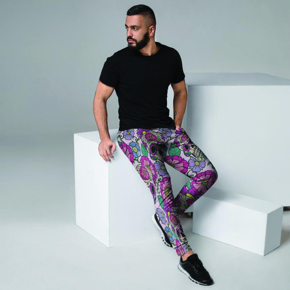 Pink Sugar Skull Floral Men's Joggers-grizzshop