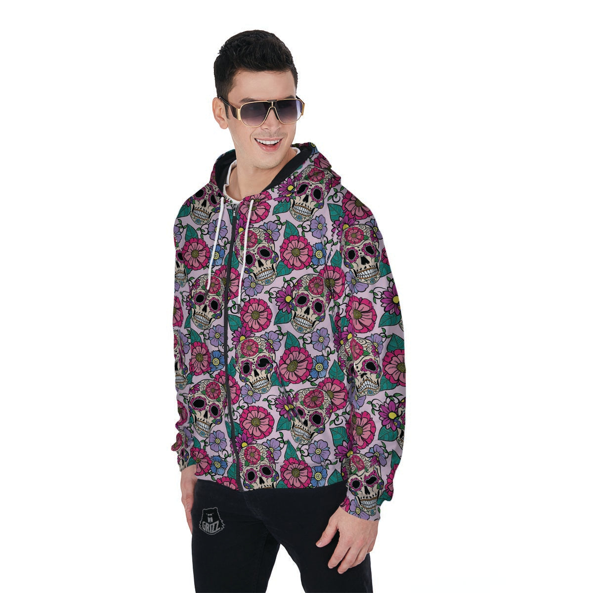 Pink Sugar Skull Floral Men's Zip Up Hoodie-grizzshop