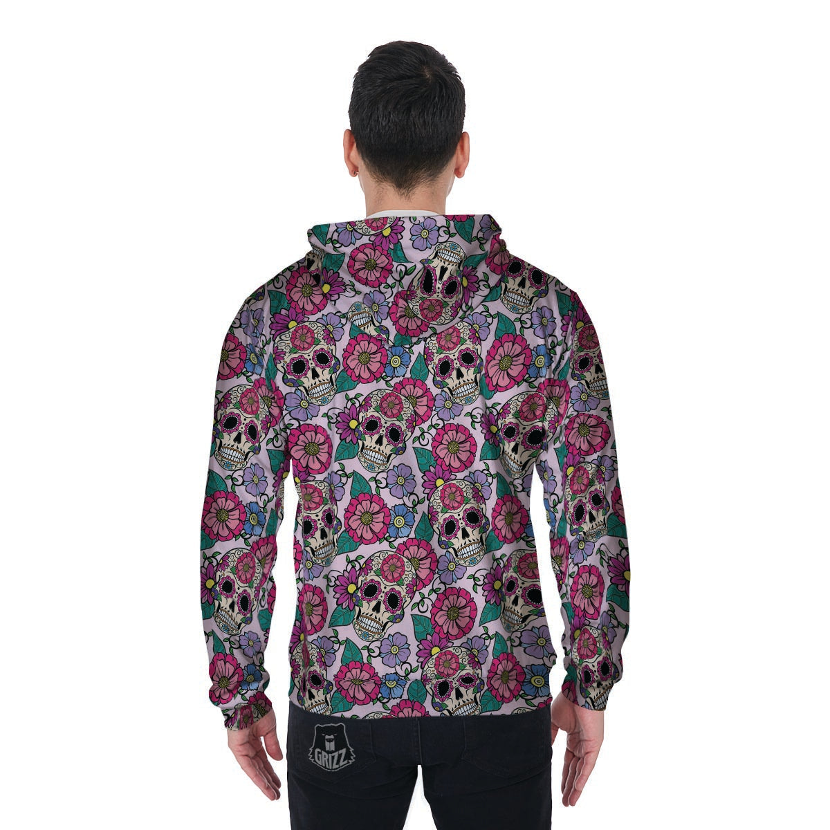 Pink Sugar Skull Floral Men's Zip Up Hoodie-grizzshop