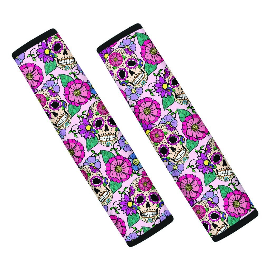 Pink Sugar Skull Floral Seat Belt Cover-grizzshop
