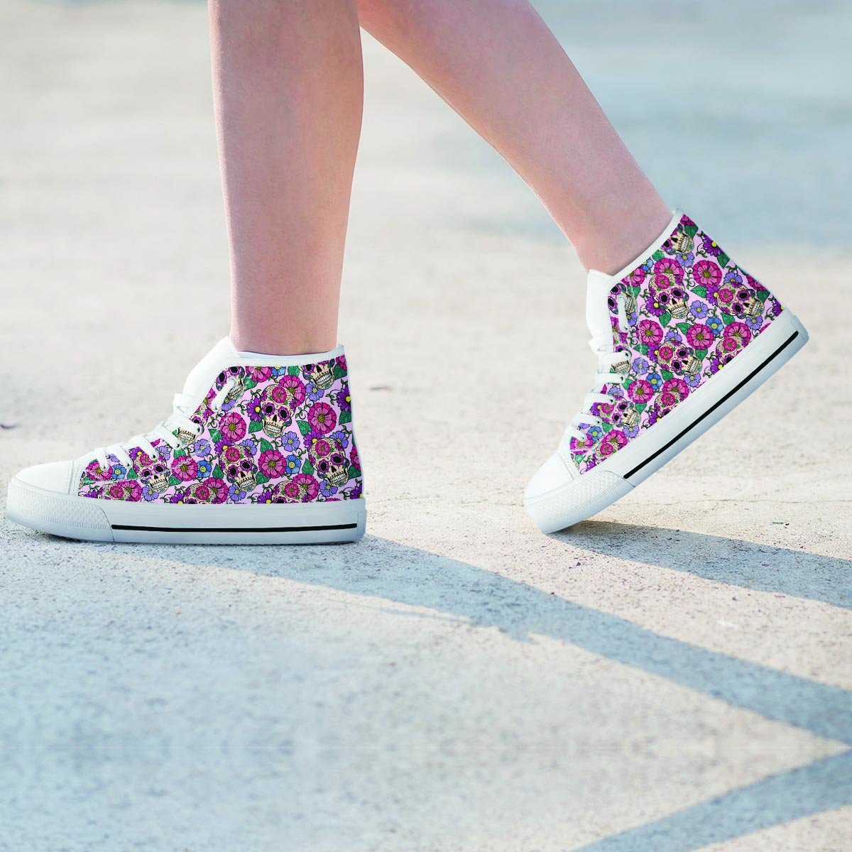 Pink Sugar Skull Floral Women's High Top Shoes-grizzshop