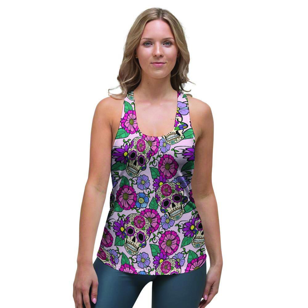 Pink Sugar Skull Floral Women's Racerback Tank Top-grizzshop