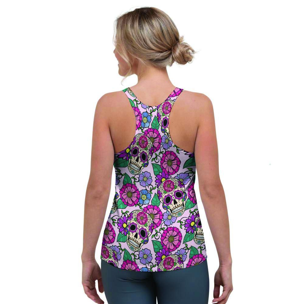 Pink Sugar Skull Floral Women's Racerback Tank Top-grizzshop