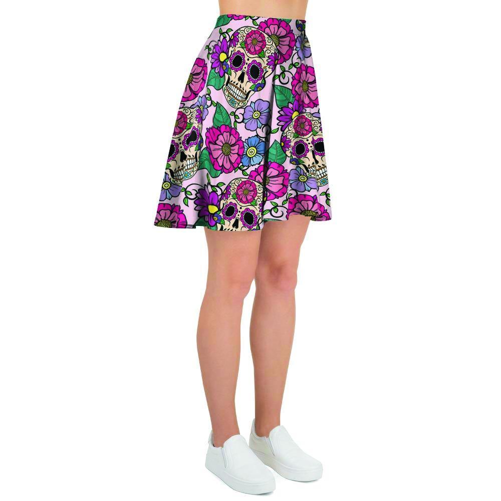 Pink Sugar Skull Floral Women's Skirt-grizzshop