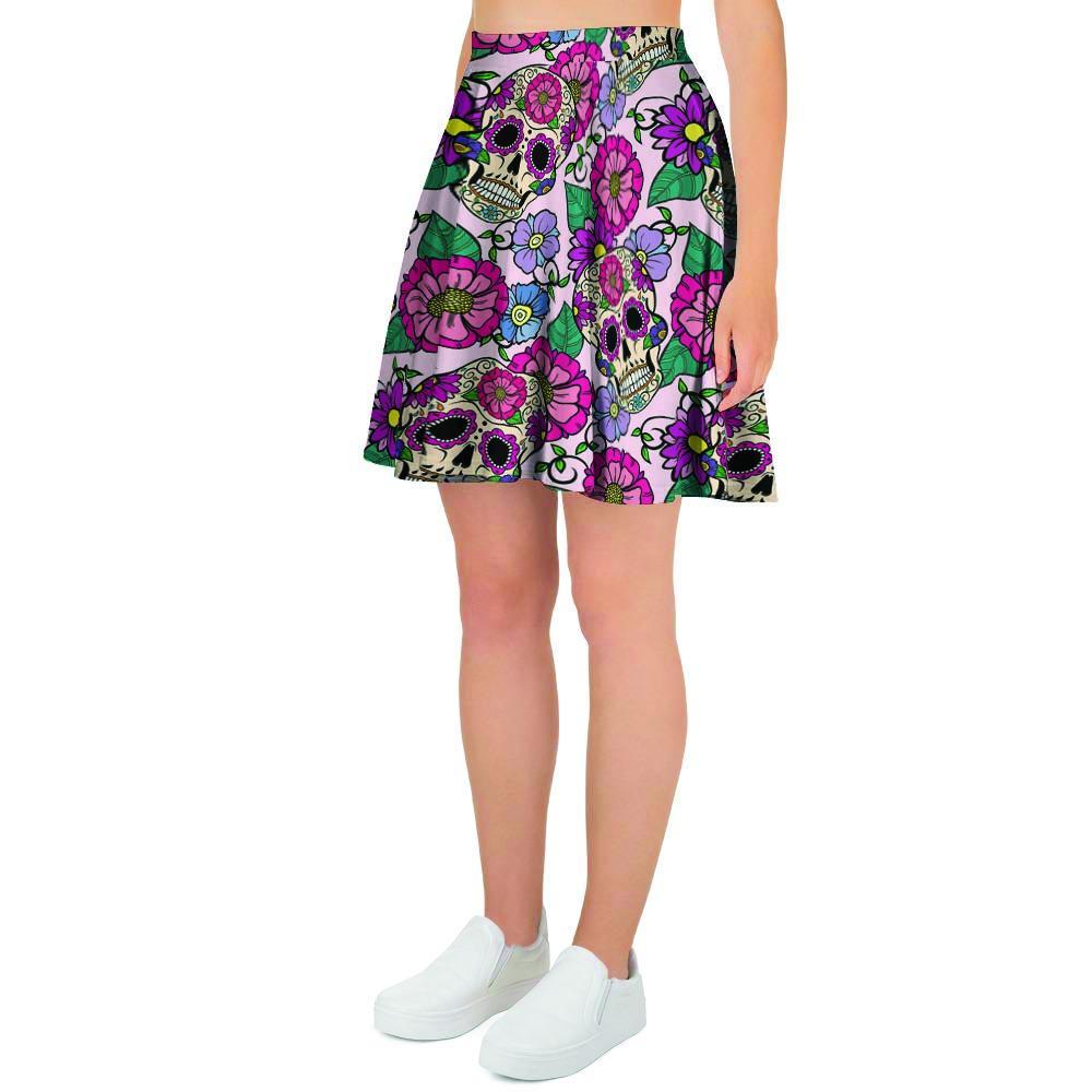 Pink Sugar Skull Floral Women's Skirt-grizzshop