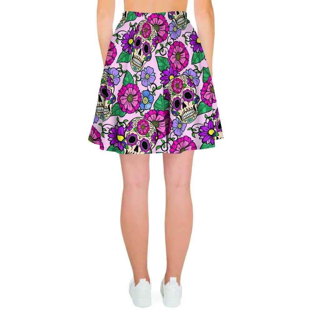 Pink Sugar Skull Floral Women's Skirt-grizzshop