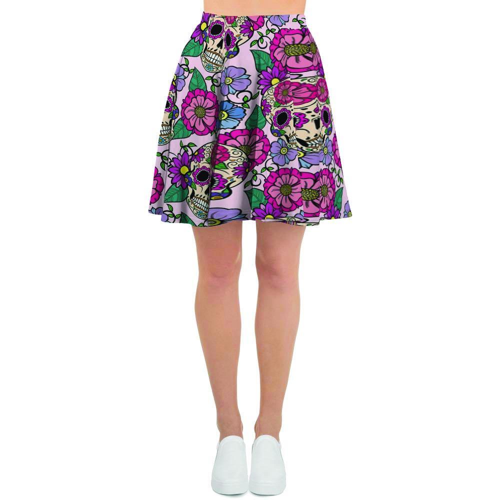 Pink Sugar Skull Floral Women's Skirt-grizzshop