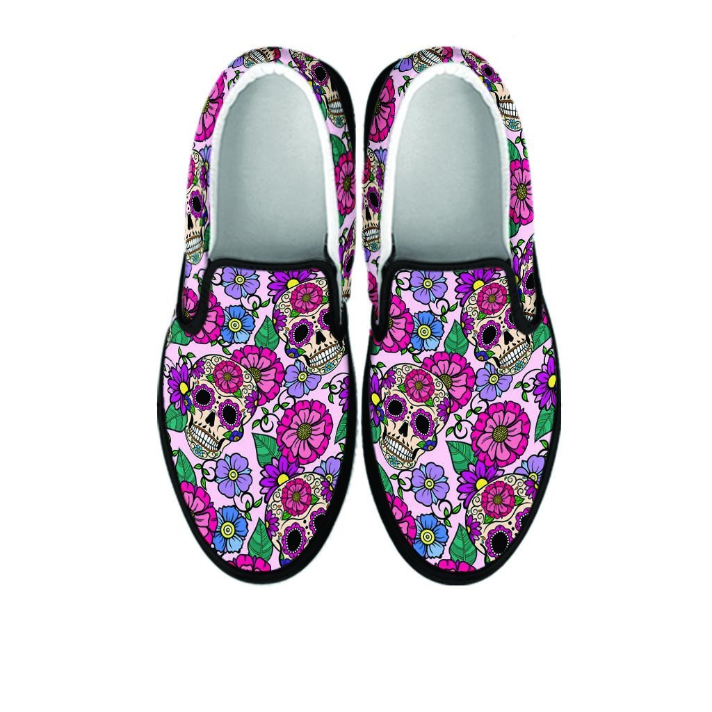Pink Sugar Skull Floral Women's Slip On Sneakers-grizzshop