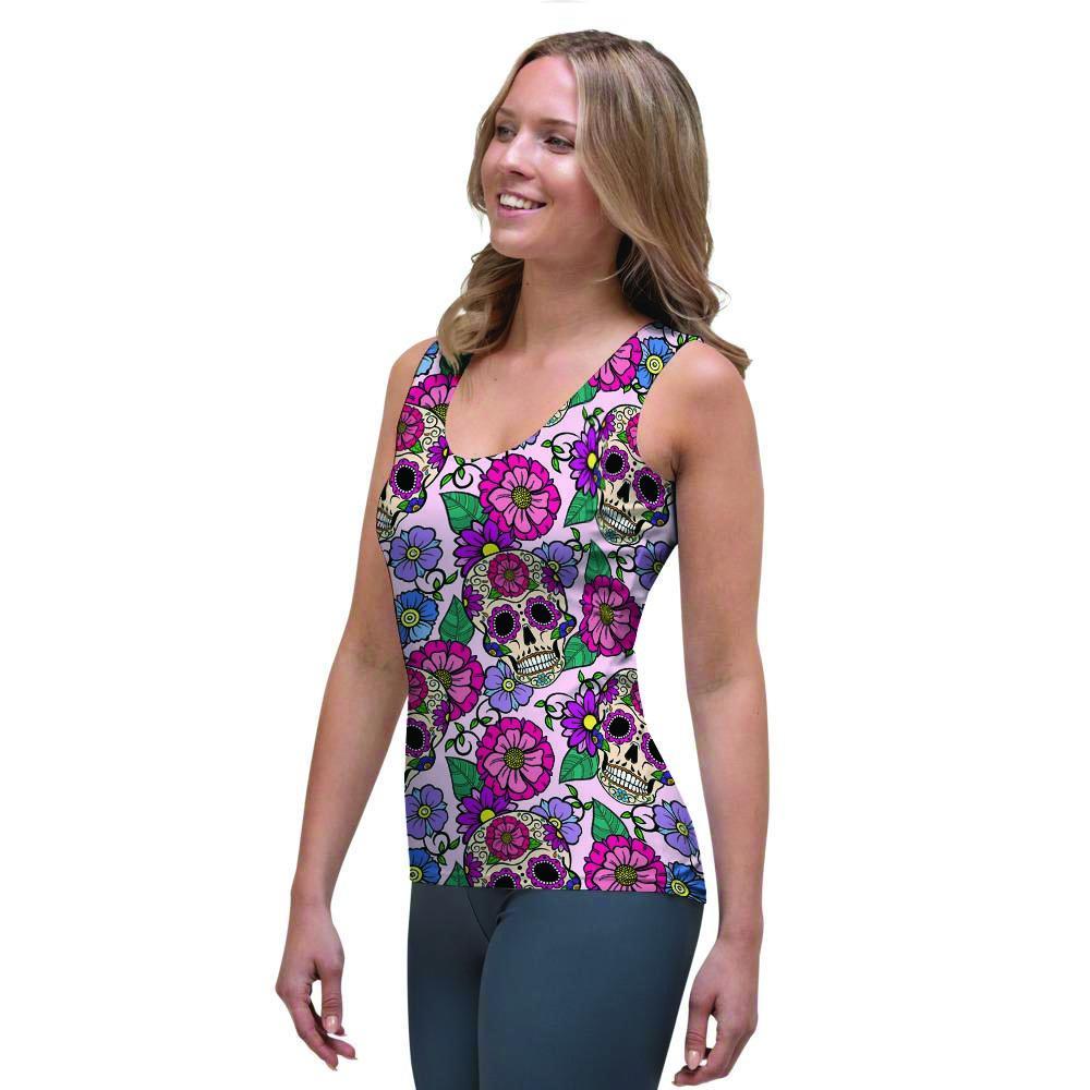 Pink Sugar Skull Floral Women's Tank Top-grizzshop