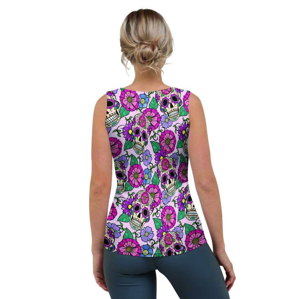 Pink Sugar Skull Floral Women's Tank Top-grizzshop