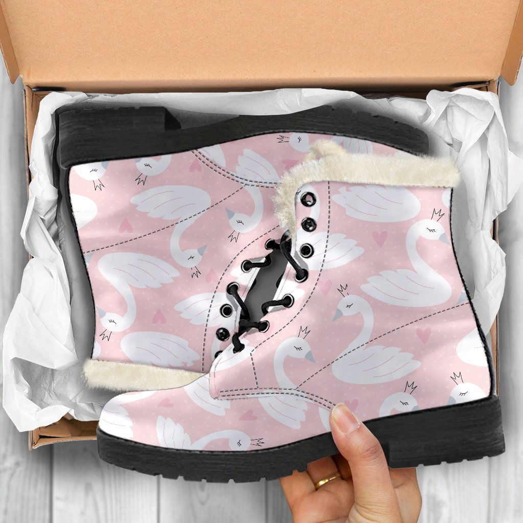 Pink Swan Pattern Print Comfy Winter Boots-grizzshop