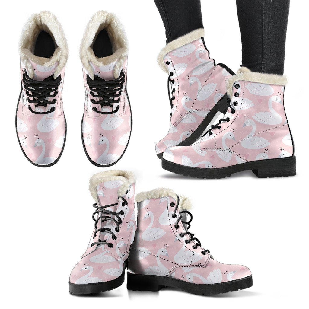Pink Swan Pattern Print Comfy Winter Boots-grizzshop