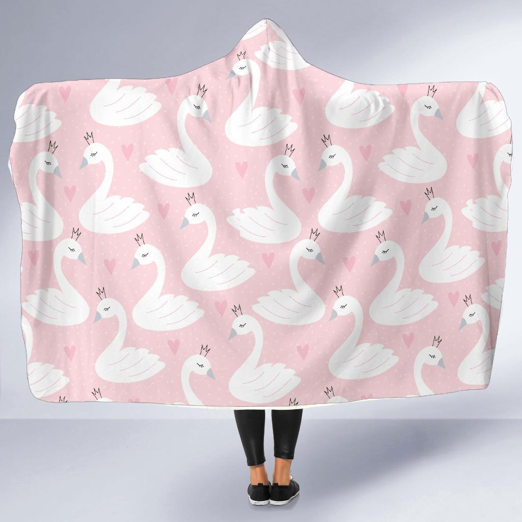 Pink Swan Pattern Print Hooded Blanket-grizzshop