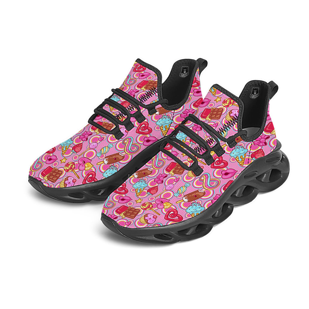 Pink Sweet Candy Print Pattern Black Running Shoes-grizzshop