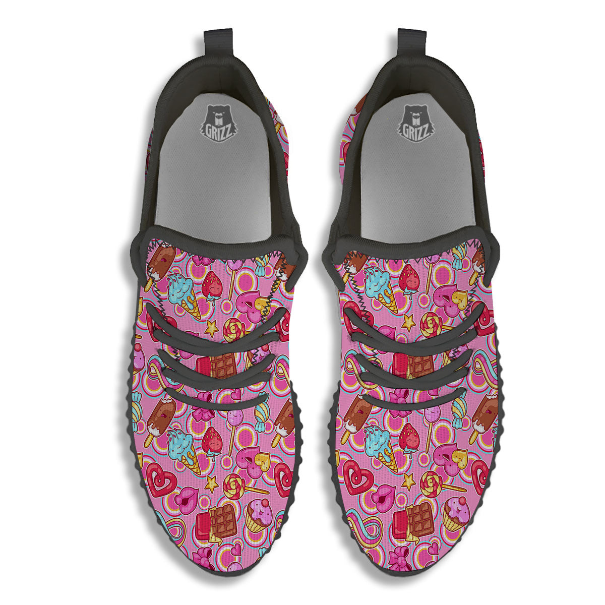 Pink Sweet Candy Print Pattern Black Walking Shoes-grizzshop