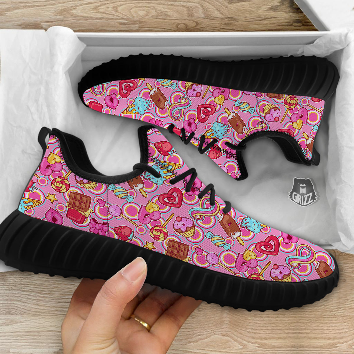 Pink Sweet Candy Print Pattern Black Walking Shoes-grizzshop