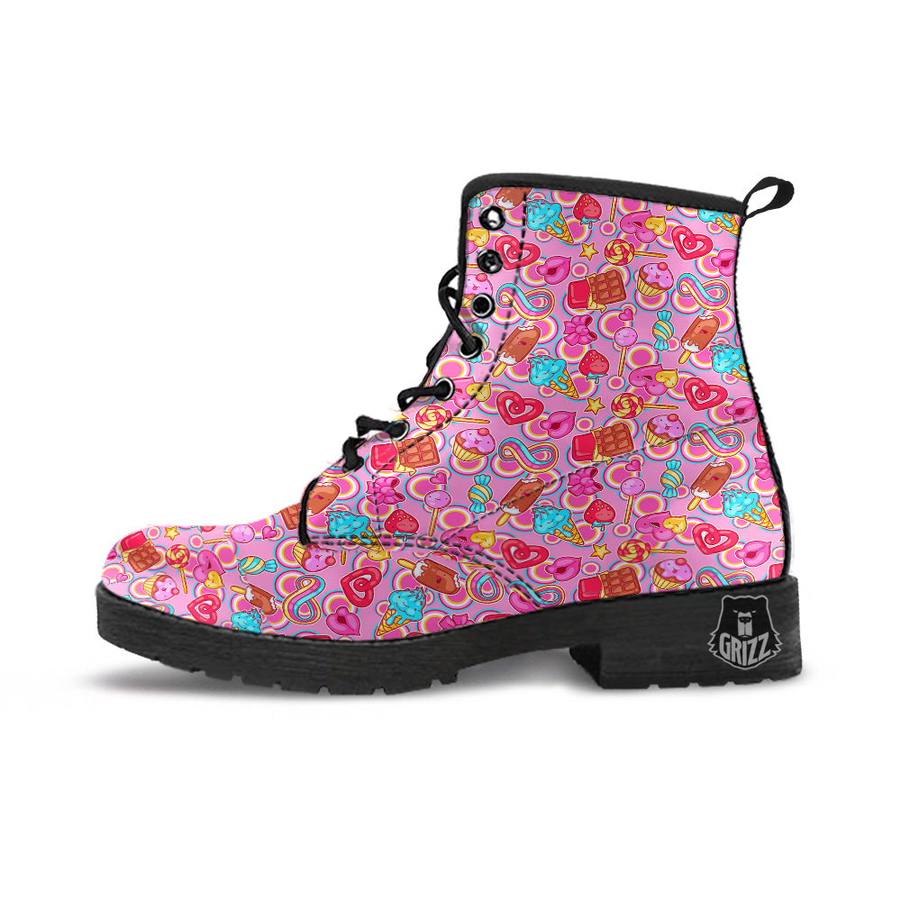 Pink Sweet Candy Print Pattern Leather Boots-grizzshop