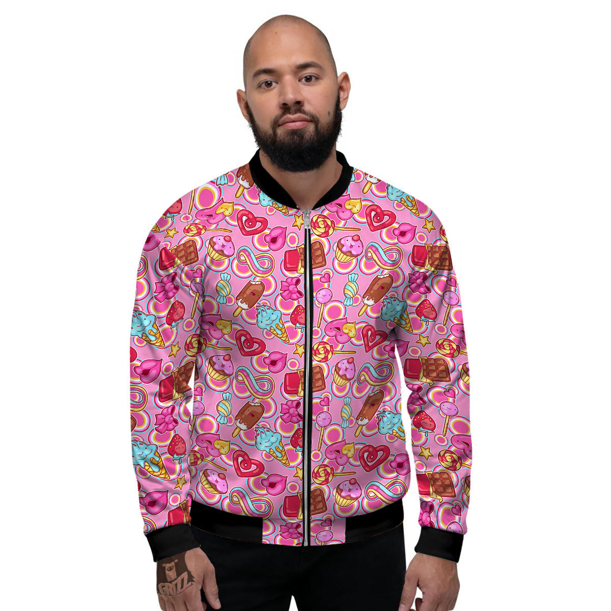 Pink Sweet Candy Print Pattern Men's Bomber Jacket-grizzshop
