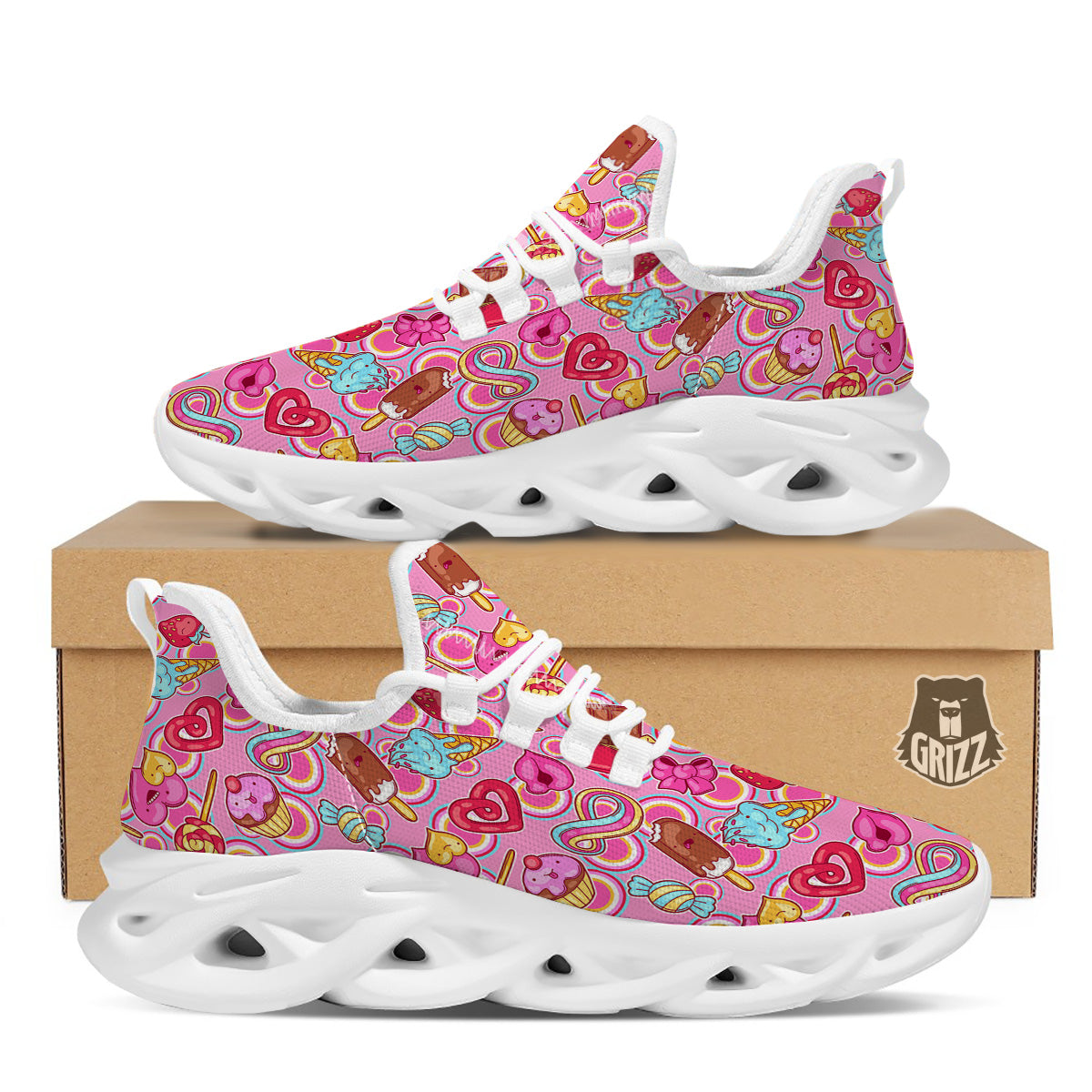 Pink Sweet Candy Print Pattern White Running Shoes-grizzshop
