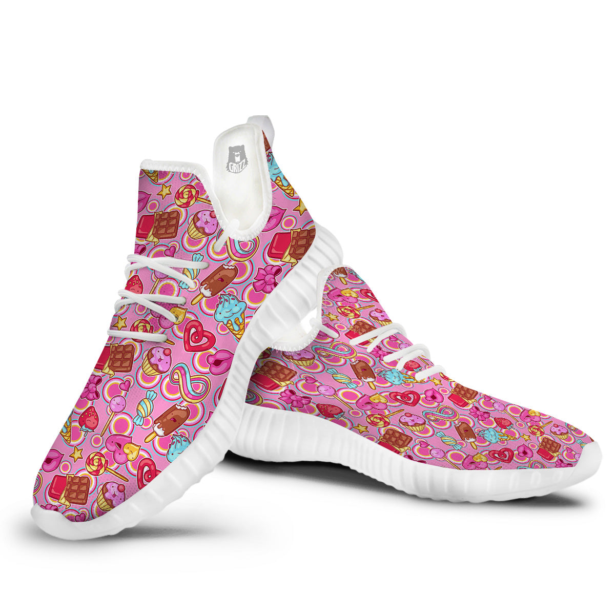 Pink Sweet Candy Print Pattern White Walking Shoes-grizzshop