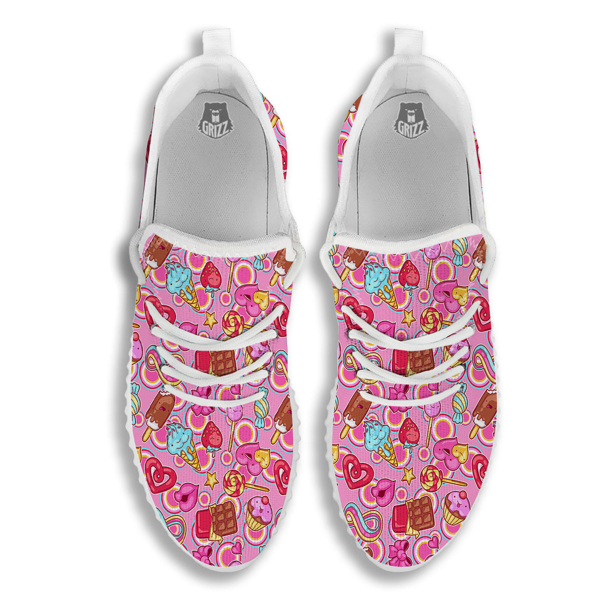 Pink Sweet Candy Print Pattern White Walking Shoes-grizzshop